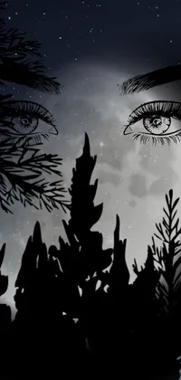 Get spooked with this digital art phone wallpaper - a close-up image of a bewitching woman's face, with full moon in the background and pines that exude horror