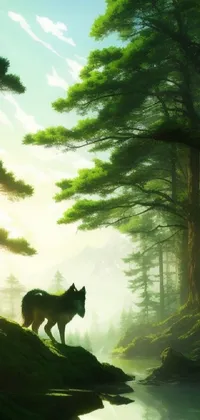 This phone live wallpaper showcases a furry dog positioned on the dense greenery of a forest