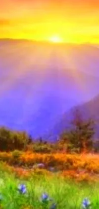 This live wallpaper depicts the gorgeous scenery of a sunset over a mountainous landscape