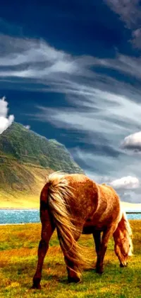 Enhance your phone with a stunning live wallpaper depicting a brown horse standing amidst lush green fields near the seashore backed by the beautiful mountain landscape