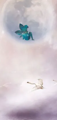 This live wallpaper features a beautiful scene of birds flying through clouds in digital art style