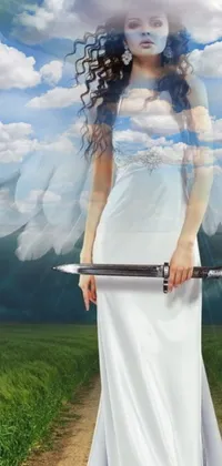This stunning live wallpaper depicts a sword-wielding woman dressed in white flying towards heaven on wings made of glass