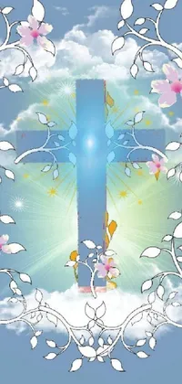 This stunning phone live wallpaper features a cross surrounded by intricate flowers and vines in a heavenly sky