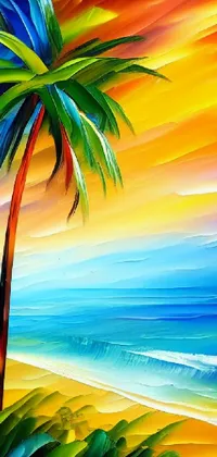 This live phone wallpaper features a beautiful and colorful airbrush painting of a palm tree gently swaying on a serene beach, with a peaceful ocean backdrop