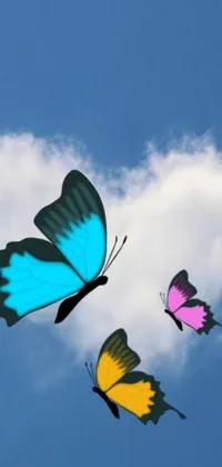 Looking for a stunning and unique live wallpaper for your phone? Look no further than this colorful butterfly wallpaper! Featuring a group of vibrant and graceful butterflies flying in the sky against a backdrop of fluffy white clouds, this wallpaper creates a serene and peaceful atmosphere on your phone