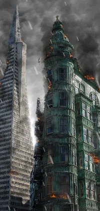 This phone wallpaper showcases a digitally illustrated tall building emanating excessive smoke