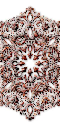 This stunning phone live wallpaper showcases a digital rendering of a snowflake on a white surface, featuring intricate metal and woodwork with a coral melting pattern
