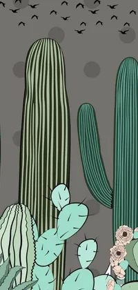 This live phone wallpaper showcases a cactus plant with birds in flight, designed by Jane Newland