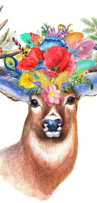 This phone live wallpaper showcases a colorful pencil sketch featuring a deer wearing a stunning floral crown