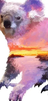 This phone live wallpaper showcases a beautiful digital painting of a koala in a furry art style set against a stunning sunset