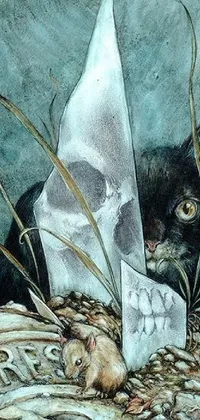 This phone live wallpaper showcases a surrealist painting of a cat with a knife in its mouth sitting next to a pile of bones