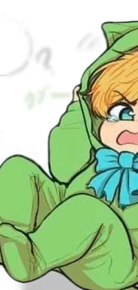 This phone live wallpaper showcases an anime-inspired drawing of a child wearing a green hoodie