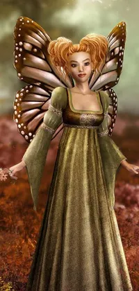 This phone live wallpaper features a stunning fantasy art design of a woman wearing a green dress with voluminous sleeves and a butterfly on her shoulder