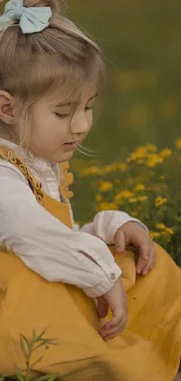 This live phone wallpaper depicts a charming scene of a little girl sitting in the grass with a toy truck