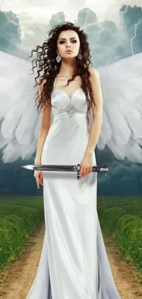 This phone live wallpaper features a stunning digital art depiction of an angelic figure holding a sword