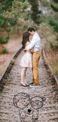 The Train Track Romance Live Wallpaper is a stunning phone wallpaper that showcases a couple standing on old, rustic train tracks