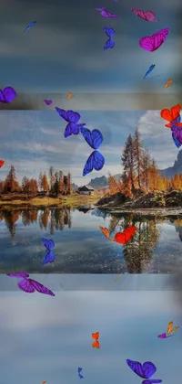 This live phone wallpaper showcases a group of graceful butterflies flying over a tranquil body of water against impressive Dolomites in mesmerizing colors