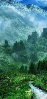 Discover a serene phone wallpaper featuring a lush green valley and river