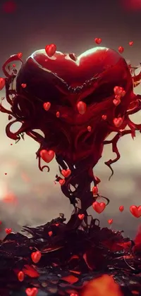 This phone live wallpaper features a digital art piece consisting of a red heart and a pile of leaves, creating a natural serene feel with an added touch of terror