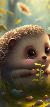This mobile live wallpaper showcases a fantasy art piece of a hedgie resting in grass