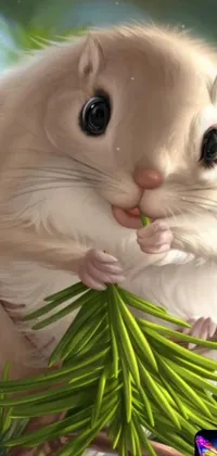 This cute phone live wallpaper showcases a digital painting of a cuddly and adorable hamster enjoying a snack of pine branch