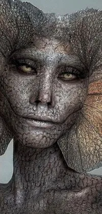 This phone wallpaper features a stunning close-up of a hyperrealistic sculpture of a woman with intricate details and textures