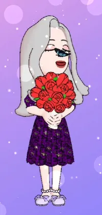 This digital art phone live wallpaper is a character portrait of a girl holding a bunch of roses
