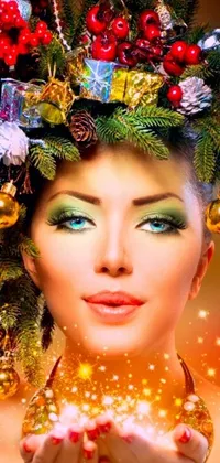 Enjoy the festive spirit with an all-new phone live wallpaper featuring a woman donning a Christmas wreath on her head