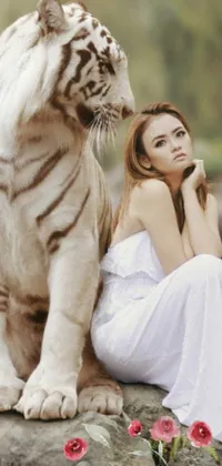 This live wallpaper features an elegant woman sitting next to a white tiger on a rocky terrain