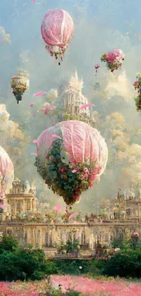 This dynamic phone live wallpaper showcases a fantastical painting of hot air balloons flying over a vibrant cityscape