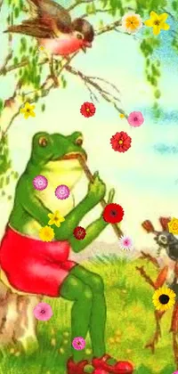 Enhance your phone with our charming live wallpaper featuring a whimsical scene of a frog playing a musical instrument in a colorful garden, accentuated with a kuntilanak on a bayan tree