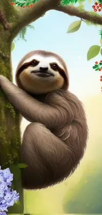 This phone live wallpaper features an adorable sloth hanging from a tree branch in a furry art style