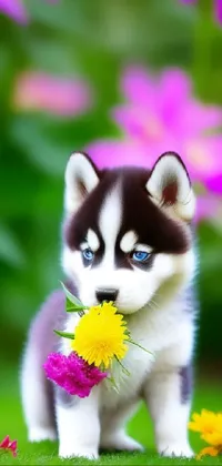 This live wallpaper showcases a delightful puppy carrying a dainty flower in its mouth, set against a pastel backdrop by Julia Pishtar from Shutterstock