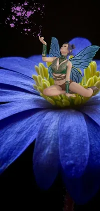 Transform your phone screen to a magical wonderland with this stunning live wallpaper featuring a photorealistic fairy sitting atop a charming blue flower