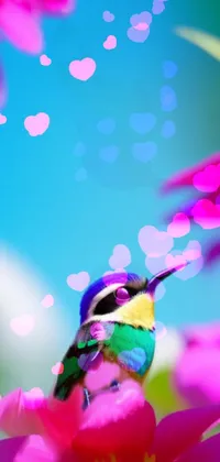 This live wallpaper features a stunningly colorful bird perched on top of a vibrant pink flower