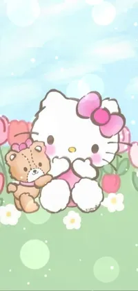 This live wallpaper features a beloved Japanese character holding a teddy bear in a colorful field of flowers, including tulips