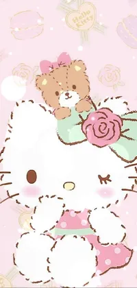 This phone live wallpaper showcases a cute Hello Kitty sitting on top of a fluffy teddy bear, with a vintage and romantic feel similar to a picture found on Tumblr