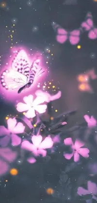 This lively phone live wallpaper showcases a vibrant purple flower with a butterfly resting upon it