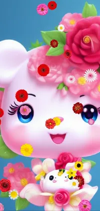 This live wallpaper features a cute and fuzzy teddy bear with flowers on its head, inspired by a digital art illustration