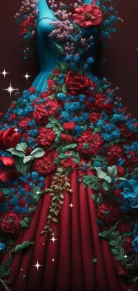 Get lost in the mesmerizing beauty of this phone live wallpaper - a stunning dress made entirely of vibrantly colored flowers set against a rich, bold red background