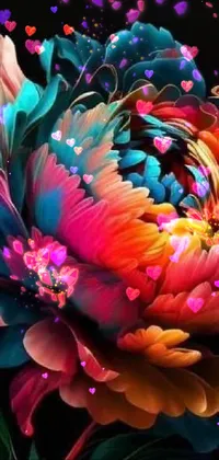 This vivid live wallpaper features a colorful flower encompassed by hearts in a digital art creation