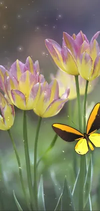 This live phone wallpaper features a colorful butterfly resting on a bed of tulips