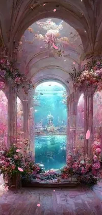 This pink floral live wallpaper boasts a regal aesthetic and mesmerizing underwater temple