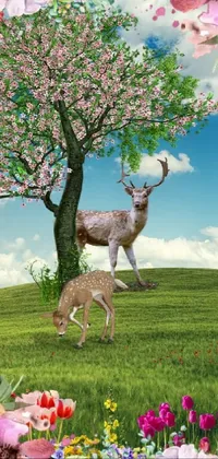 This stunning phone live wallpaper features a majestic deer standing on a lush green field surrounded by vibrant tree and plants