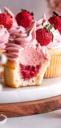 This phone live wallpaper showcases a white plate topped with elegantly frosted pink cupcakes, garnished with fresh, sliced strawberries, and berries nestled inside the cakes