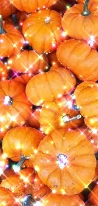 Looking for a charming autumn-themed wallpaper to spice up your phone's screen? Check out this digital art featuring small orange pumpkins piled atop one another! Perfectly captured in a 32x32 close-up view, each pumpkin comes to life with a glittering light that surrounds the scene, adding a breathtaking touch of magic