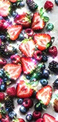 This mobile live wallpaper features a digital rendering of a table covered in strawberries and blueberries, along with a variety of beads and pearls in shades of red and blue
