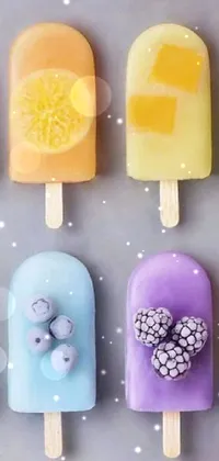 Bring a pop of color to your phone screen with this beautiful live wallpaper featuring a collection of popsicles sitting on a wooden table