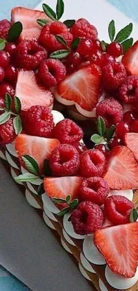 Enjoy an appetizing live wallpaper featuring a scrumptious heart-shaped cake adorned with luscious strawberries and whipped cream