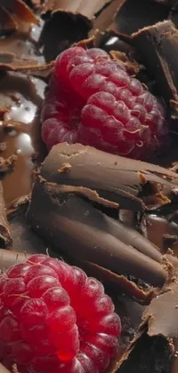 Indulge in the delectable beauty of a chocolate cake with raspberries on top with this live wallpaper